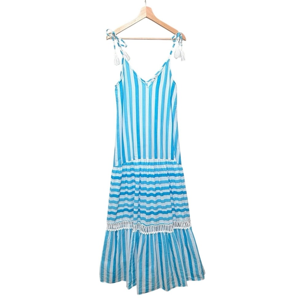 Bindu Striped‎ Tiered Flowy Summer Coastal Resortwear Maxi Dress V neck Size M